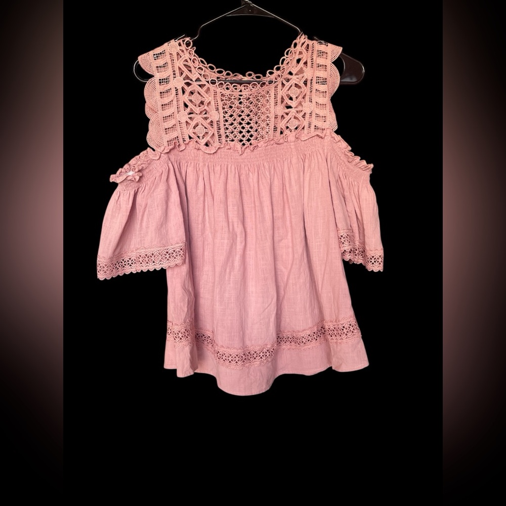 Umgee Pink Flutter Sleeve Crochet Blouse